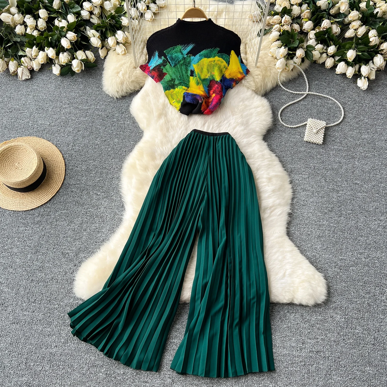 Clothland Women Elegant Print Blouse Pants Suit Short Sleeve Shirt Wide Leg Trousers Summer Chic Two Piece Set Mujer TA469