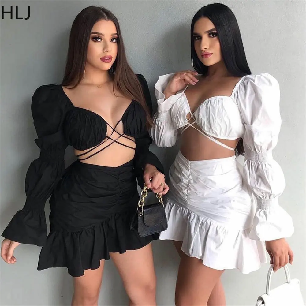 HLJ Ladies Fashion Lantern Sleeve Pleated Skirt Two Piece Set Sexy Bandage Crop Top And Mini Skirts Outfits Women Club Clothing