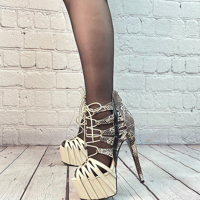 

2024 Handmade Women Summer Sandals Snake Back Zipper Hollow Out Stiletto Heel Open Toe Pretty Apricot Dress Shoes US Size 5-15