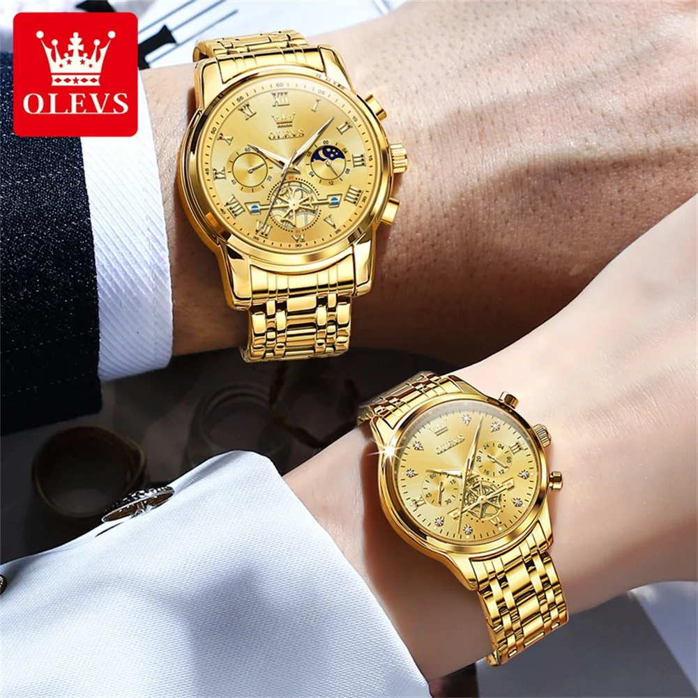 OLEVS Brand Luxury Gold Quartz Watch Lovers Stainless Steel Waterproof Luminous Fashion Chronograph Couple Watch Men and Women