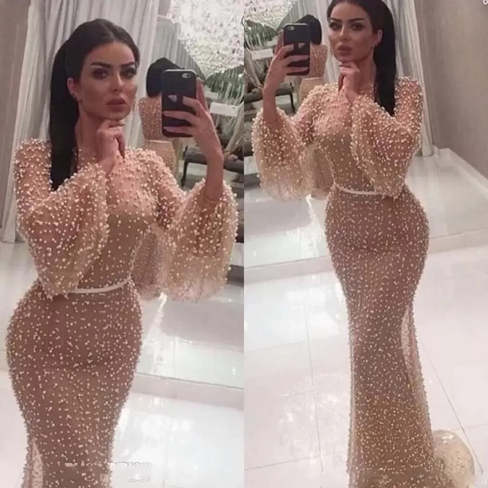

New Sexy Dubai Arabic Mermaid Long Sleeves Prom Dresses Illusion Pearls Champagne Jewel Neck Formal Evening Gowns Party Dress