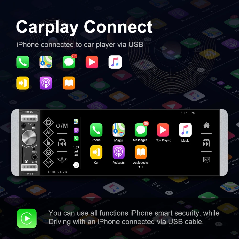 1 Din CarPlay MP5 Player 5.1'' Car Radio Android Auto Stereo Receiver AI Voice MP3 Car Multimedia Player Bluetooth FM RDS