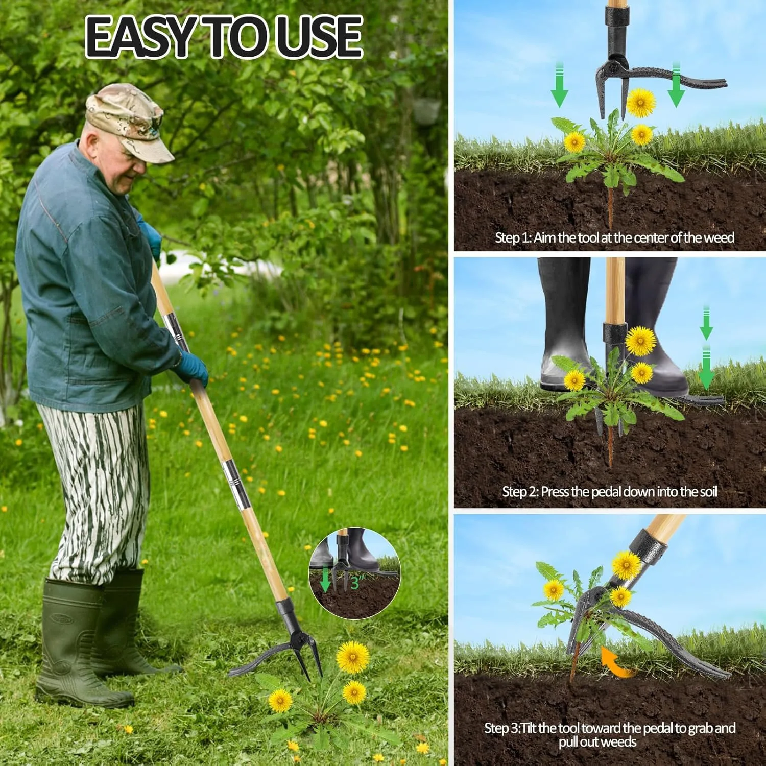 Weed Puller Tool Weeder Stand Up Long Handle Real Bamboo 4-Claw Steel Head for Lawn/Yard