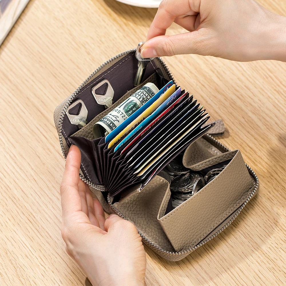 Genuine Leather Credit Card Holder Wallet Accordion Zipper Card Bag with 3 Key Holder RFID Blocking Coin Purse Wallet Women Men