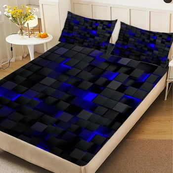 1 Piece 3D Geometric Square Fitted Sheet Black Blue Luminous Cube Texture Soft Microfiber Bedding For Modern Bedroom Decor 1