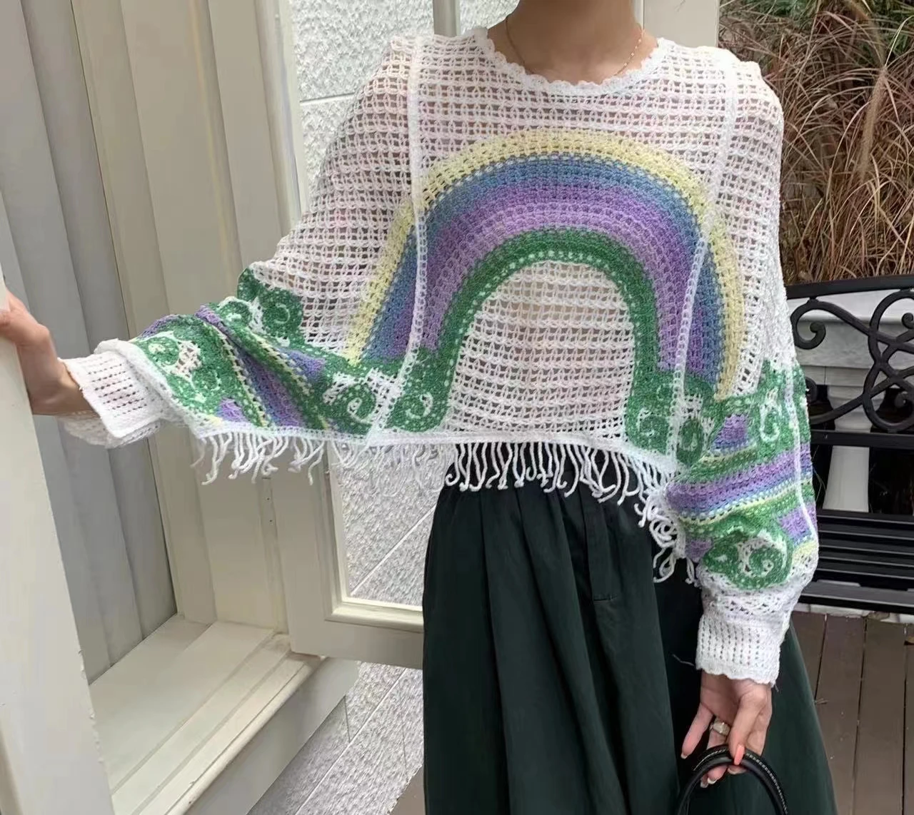 Rainbow Crochet Batwing Sleeve Summer Pullover