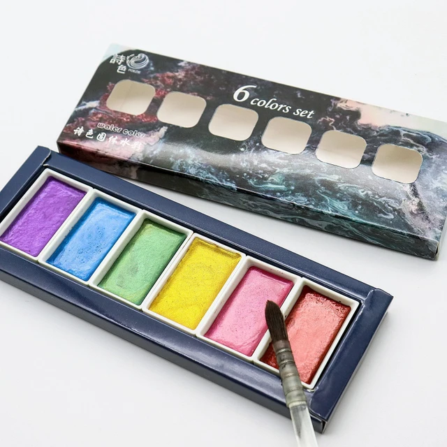 6 Color Watercolor Solid Pigment Set Pearlescent Metallic Color Bright Colors for Hand-painted Design DIY Craft Manicure 2