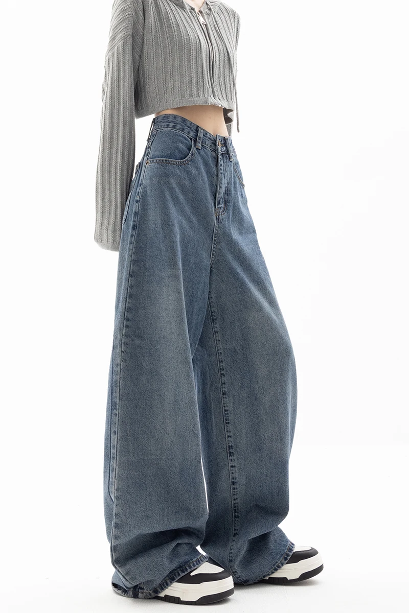 Autumn and Winter New Classic Blue Jeans Women's Straight Loose Wide-Leg Pants Retro Minority Hemming Embroidery