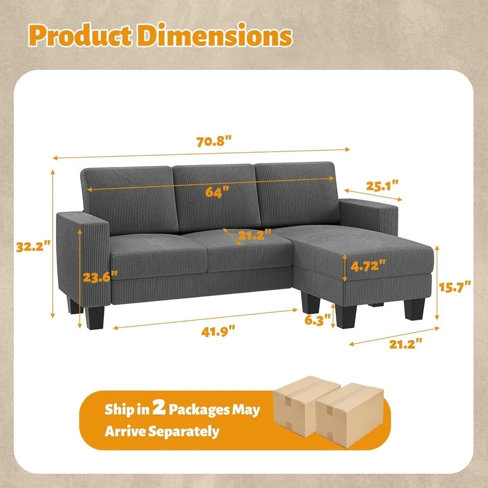Sectional Sofa Couch, 3 seat L-Shaped Small Sofa with Movable Ottoman Couch for Apartments,(Corduroy, Grey) Children's Sofas 3