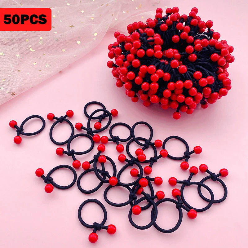 

50PC/Set Children's Elastic Rubber Hair Bands for Girls Red Beans Ponytail Holders Hair Rope Ties Hair Accessories