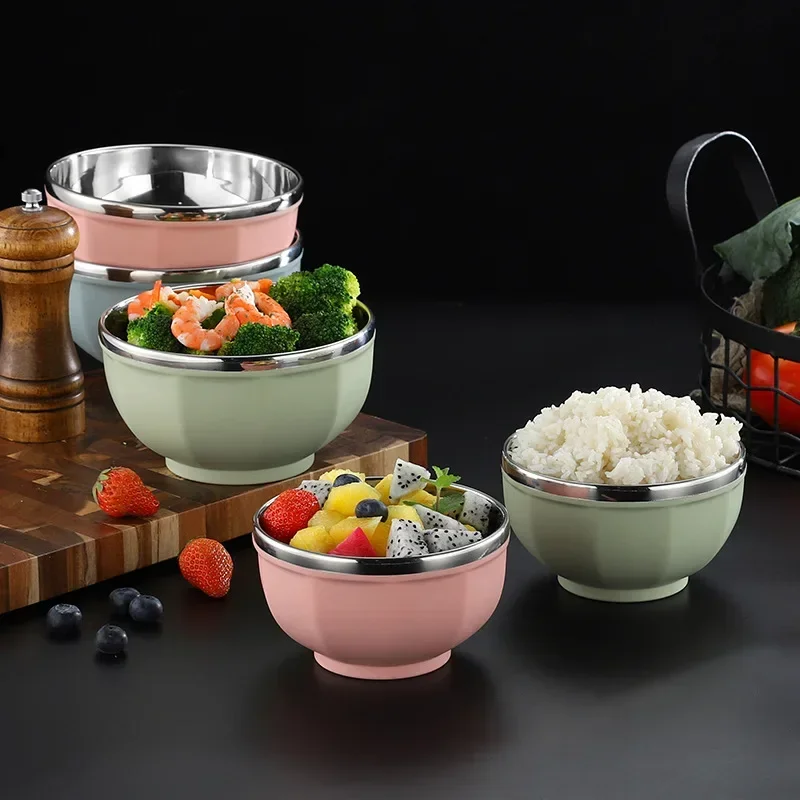 304 Stainless Steel Double Layer Anti-Scalding Rice Bowl Home Tableware Ramen Noodles Fruit Salad Bowls Kitchen Food Container
