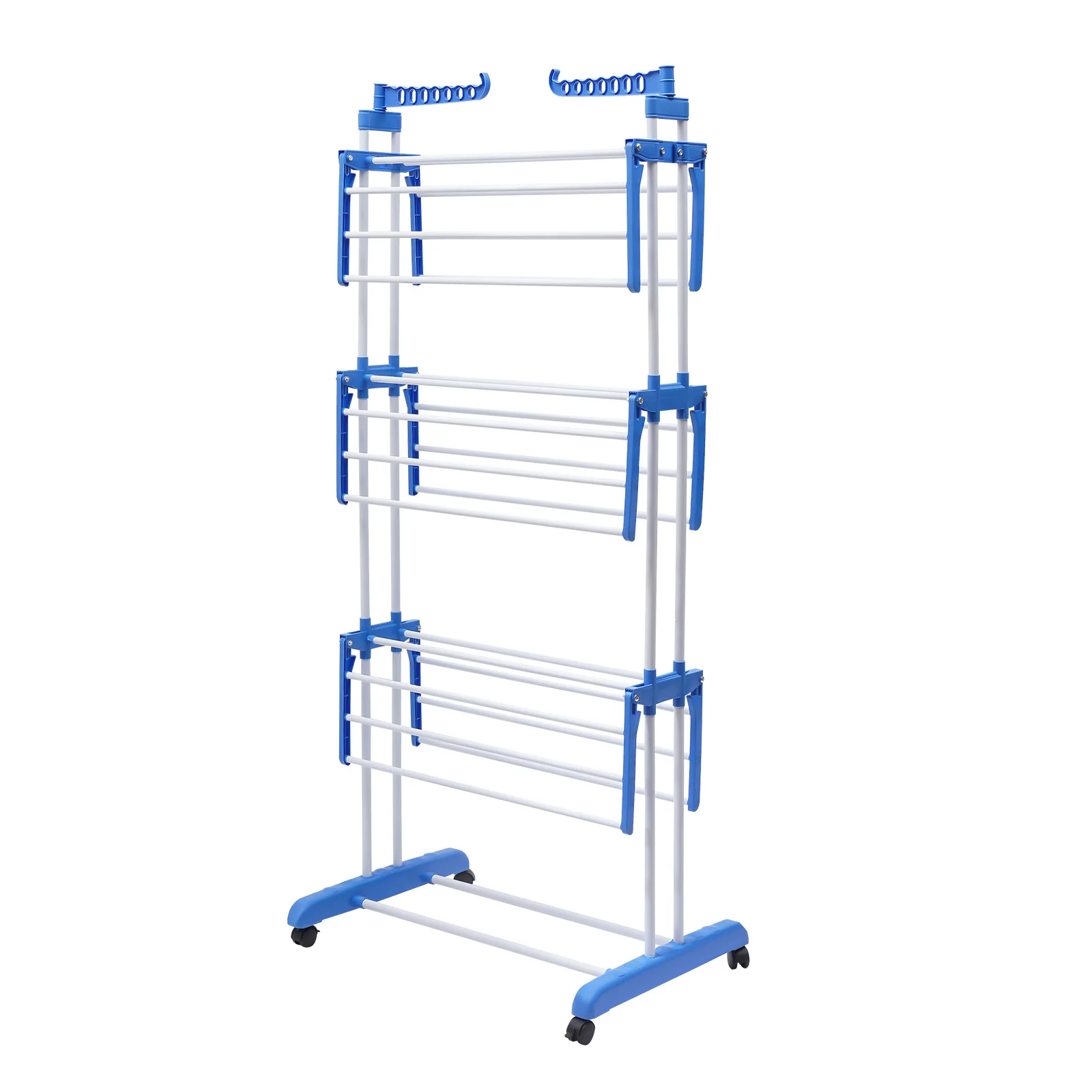 Modern 4 Tiers Metal Clothes Drying Rack Rectangular Folding Rolling Dryer Hanger Free Stand Laundry Organizer Gray/Blue 4