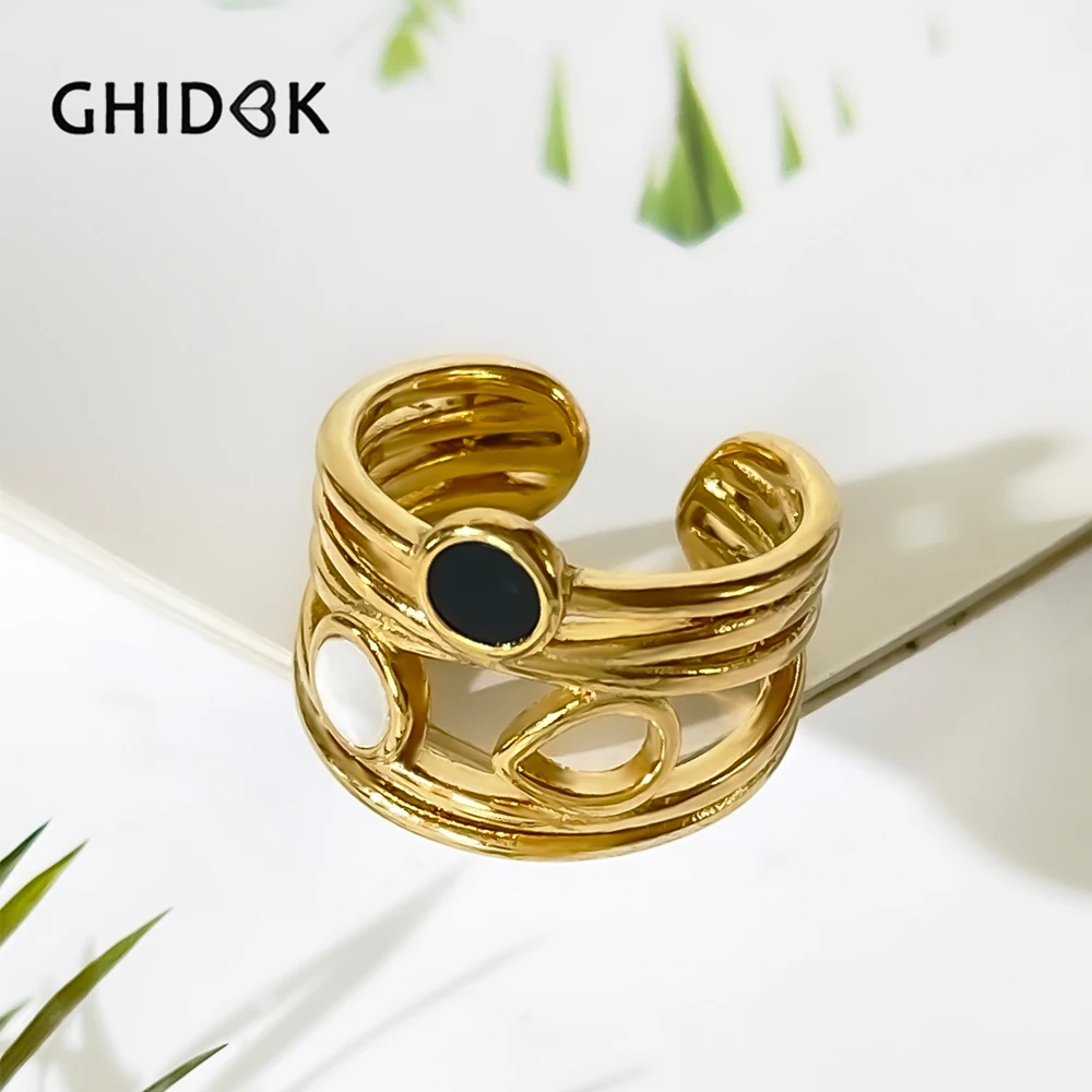 GHIDBK Изящные Смешанные черные белые натуральные ракушки широкое кольцо для женщин из нержавеющей стали позолоченные перламутровые Кольца