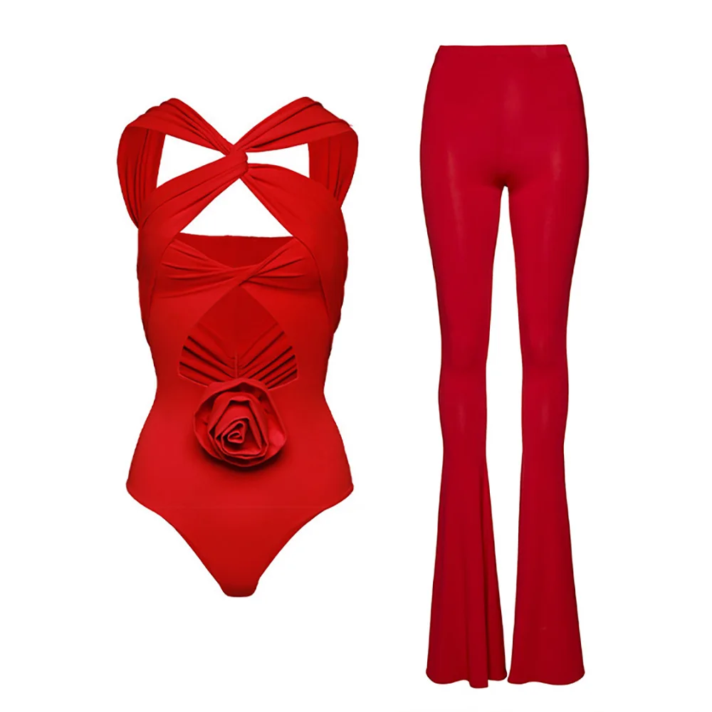 2023 Women's 3D Flower One Piece Swimsuit Flower Hollow Solid Color Sexy One-piece Swimwear and Trousers Set Beachwear