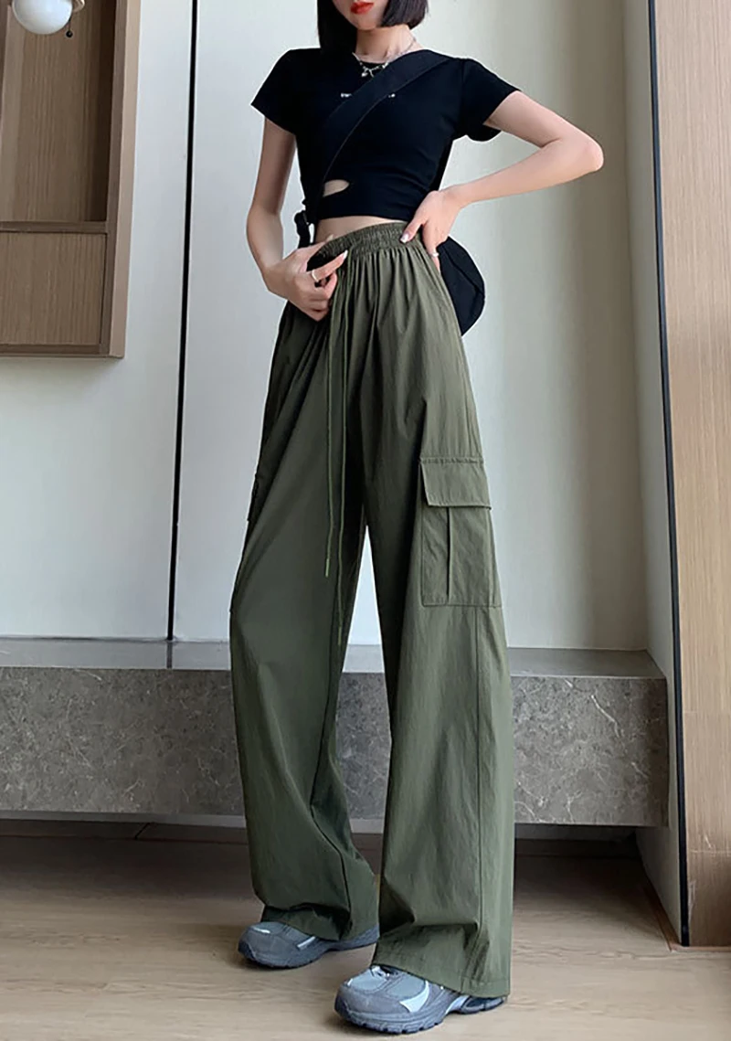VOLEEMI Women's Casual Wide Leg Loose Fit Cargo Pants Summer Thin High Waist Straight Floor Length Quick Drying Sweatpants