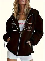 Sweat à capuche pour femme – Cozy marron zippé avec imprimé blanc, sweat-shirt décontracté à manches longues, épaules tombantes, coupe décontractée, hiver W 1