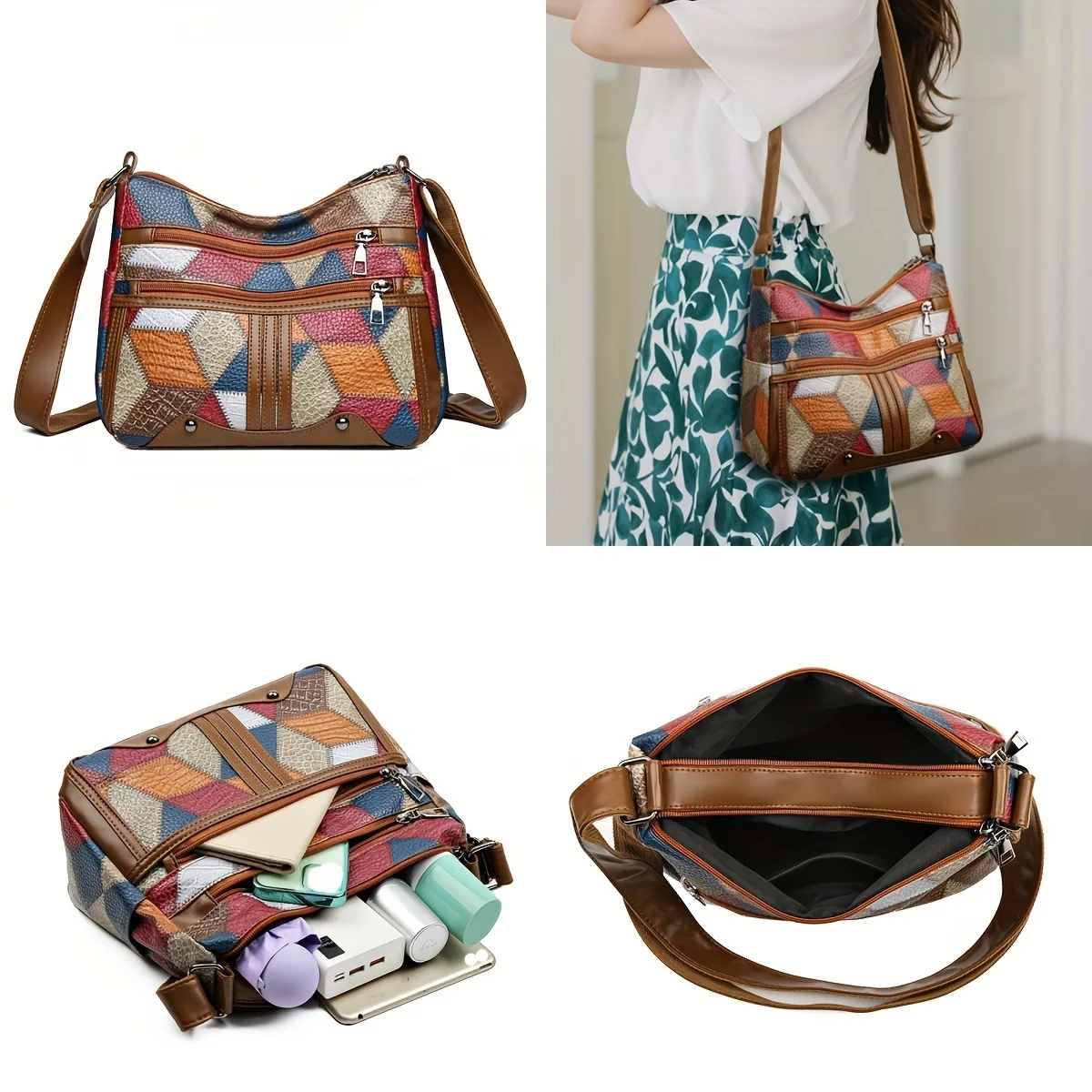 Women Geometric Pattern Synthetic Leather Crossbody Shoulder Bag Adjustable Strap Multi Color Options for Daily Use Work Travel