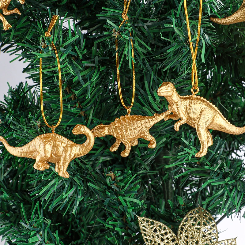 16 Miniatur-goldene hängende Ornamente in Dinosaurierform; Weihnachtsbaum-Hängedekorationen für Party-Dekoration, DIY, Neujahr, Zuhause – Detail 3