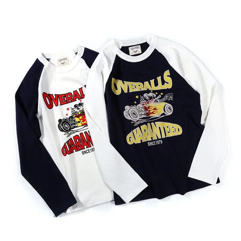 

280g Raglan Sleeve Long-sleeved T-shirt Retro Motorcycle Color-blocking AMEKAJI Outdoor Hiking Collge Riding Travel