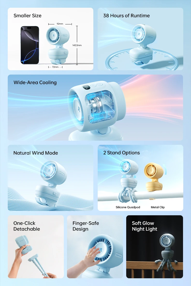 JISULIFE Baby Stroller Clip On Mini Fan Portable Mini Fan Battery Operated Portable Fan with Night Light 5 Speeds LED Display