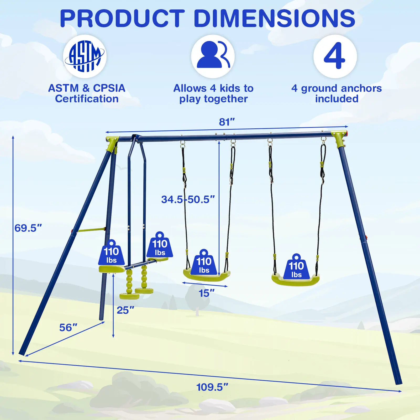 Babyjoy 440 lbs Swing Set 2-in-1 Kids Swing Stand w/Two Swings & One Glider for Backyard 2
