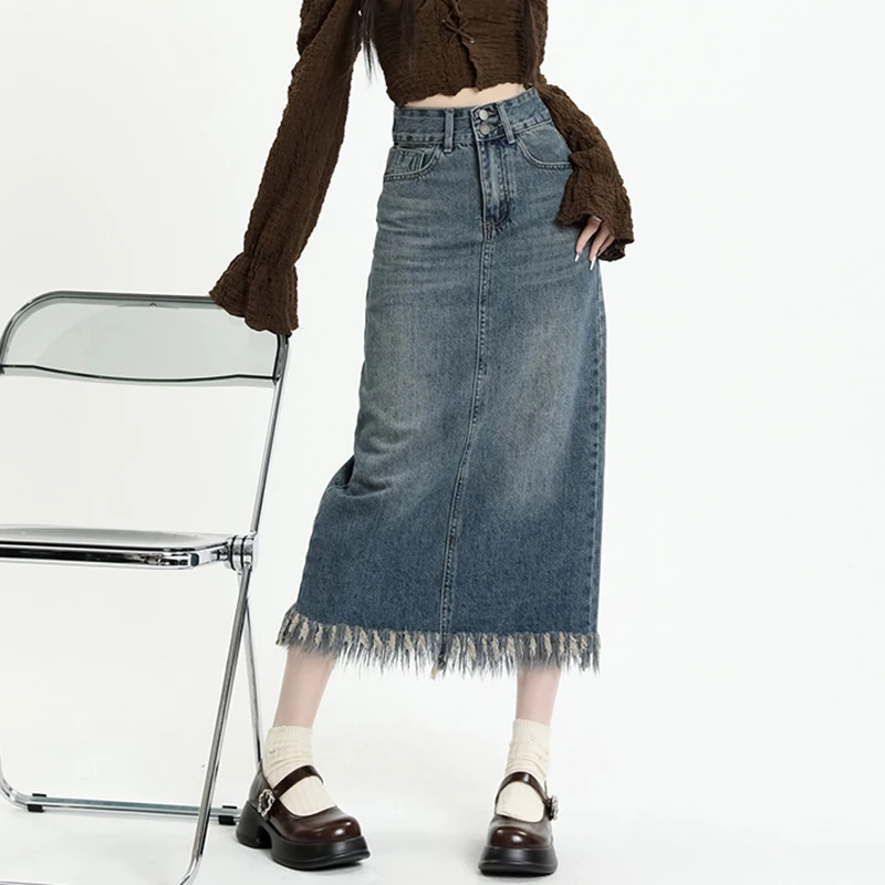 New Women Spring Summer Tassel Denim Skirt Fashion Double Button High Waist Split Long Skirt Vintage Blue A-Line Jeans Skirt