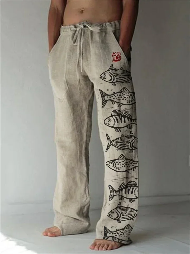 Comfortable drawstring loose men's casual pants personalized pattern printing fashionable simple men's straight pants loose casu 3