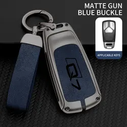 Sleek Metal Leather Car Key Cover with Keychain (Black and blue B)