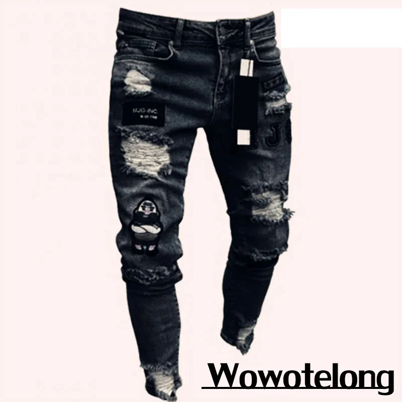 Casual Pants Men Cotton Stretchy Ripped Skinny Jeans High Quality Hip Hop Black Hole Slim Fit Oversize Denim Pants