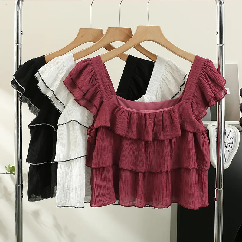 

Летняя Милая Модная рубашка Rin Confa в Корейском стиле с оборками Женская рубашка с квадратным воротником маленькие летающие рукава короткий универсальный топ Wom