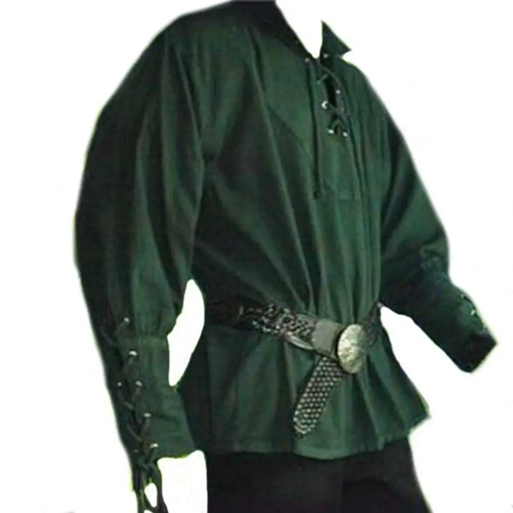 Men Casual Shirts Medieval Renaissance Long Sleeve Bandage Halloween Landlord Knight Vintage Cosplay
