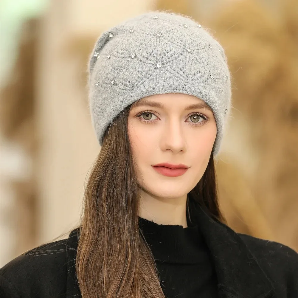 Women Winter Hat Streetwear Rabbit Fur Blend Warm Cap Decorate Beanie Hat For Female Casual Knitted Dot Decoration Hat