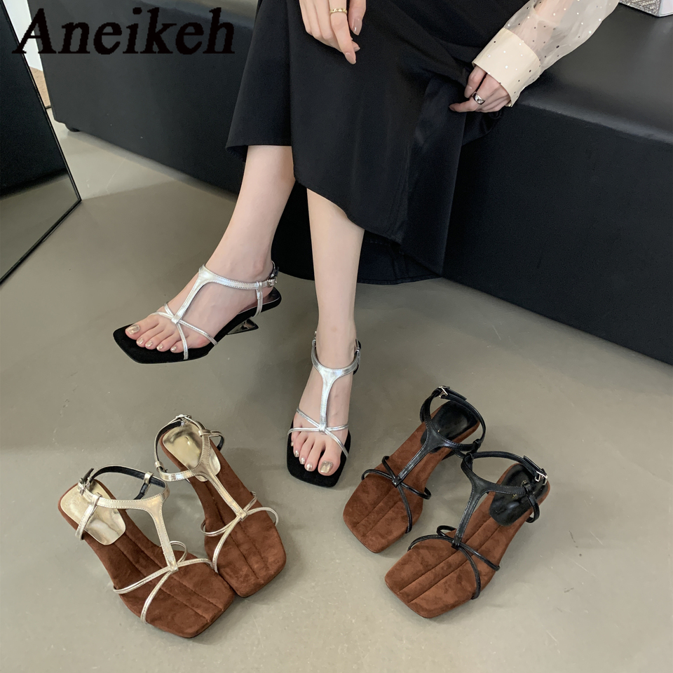Aneikeh 2025 Spring/Summer Strap Cross Roman Sandals Hollow out Slope Heels Women's Open Toe Shoe Roma Sandalias De Mujer