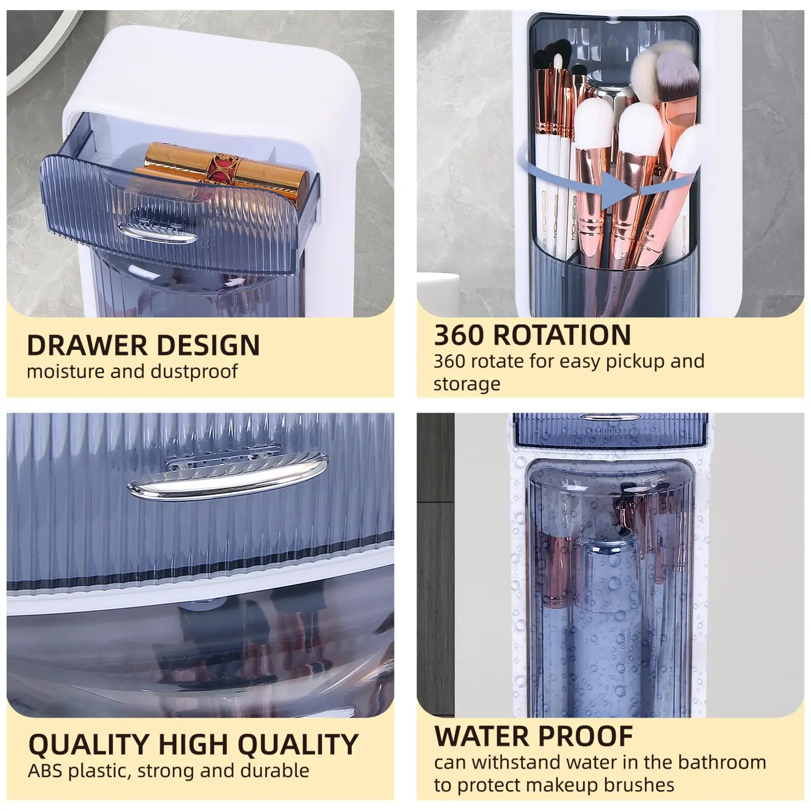360 Rotation Makeup Brush Organizer, Wall-Mounted Bathroom Counter Organizer with Drawer Storage Box Holder 4