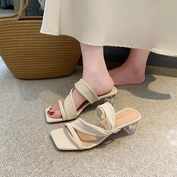 Cross Strap Block Heel Sandals With Clear Heel Slip On Design Two Tone Silver And Beige Colors Casual Summer Shoes For Party
