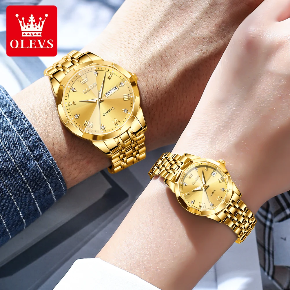Quartz Couple Wristwatch Solid Stainless Steel Strap Rhombus Design Fashion Business Waterproof Set OLEVS 9931