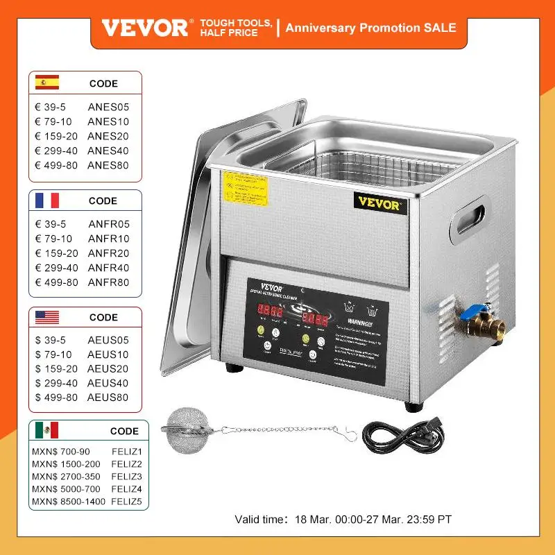 Ультразвуковой очиститель VEVOR, Портативная стиральная машина с функцией дегазации, 3 л, 6 л, 10 л