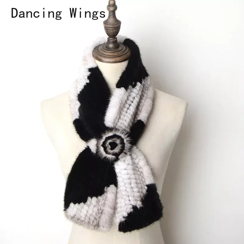 

Женские вязаные шарфы из натурального меха норки, теплые мягкие модные зимние шарфы с оборками и цветочным дизайном, женский шарф из натурального меха