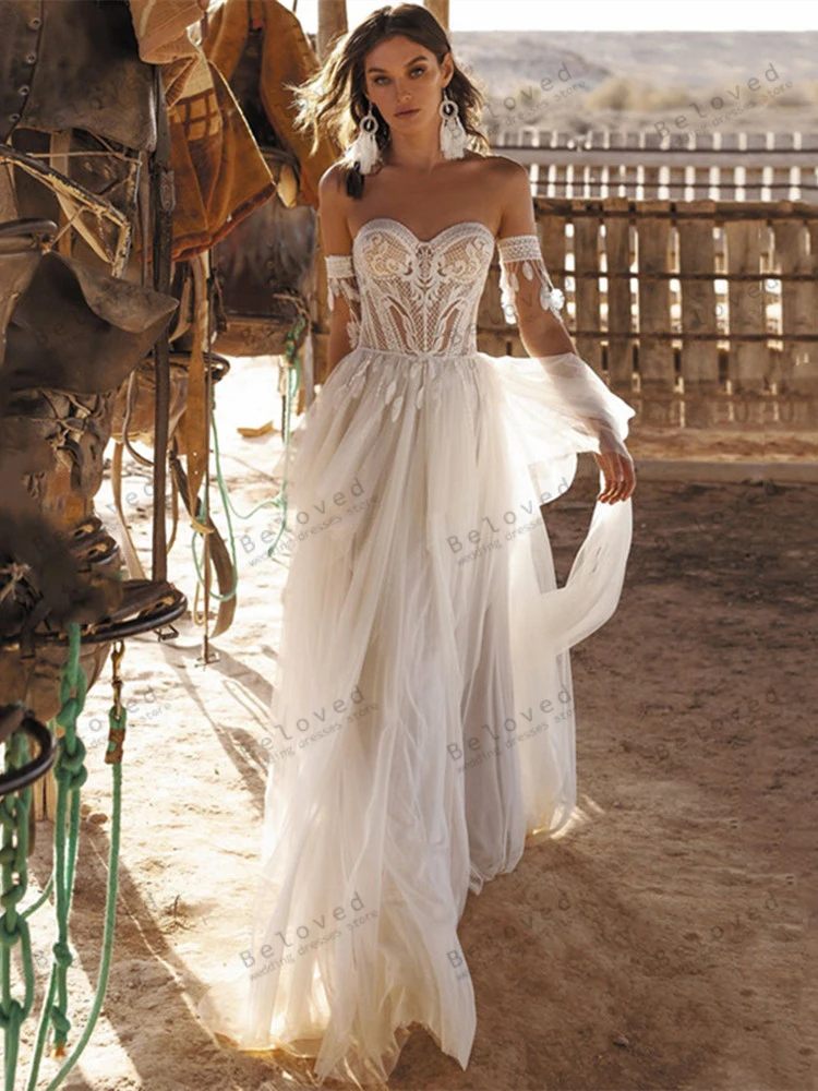 Bohemia Wedding Dresses Vintage Bridal Gowns Tulle Tiered Robes Backless Illusion Off The Shoulder Vestidos De Novia Customized 4