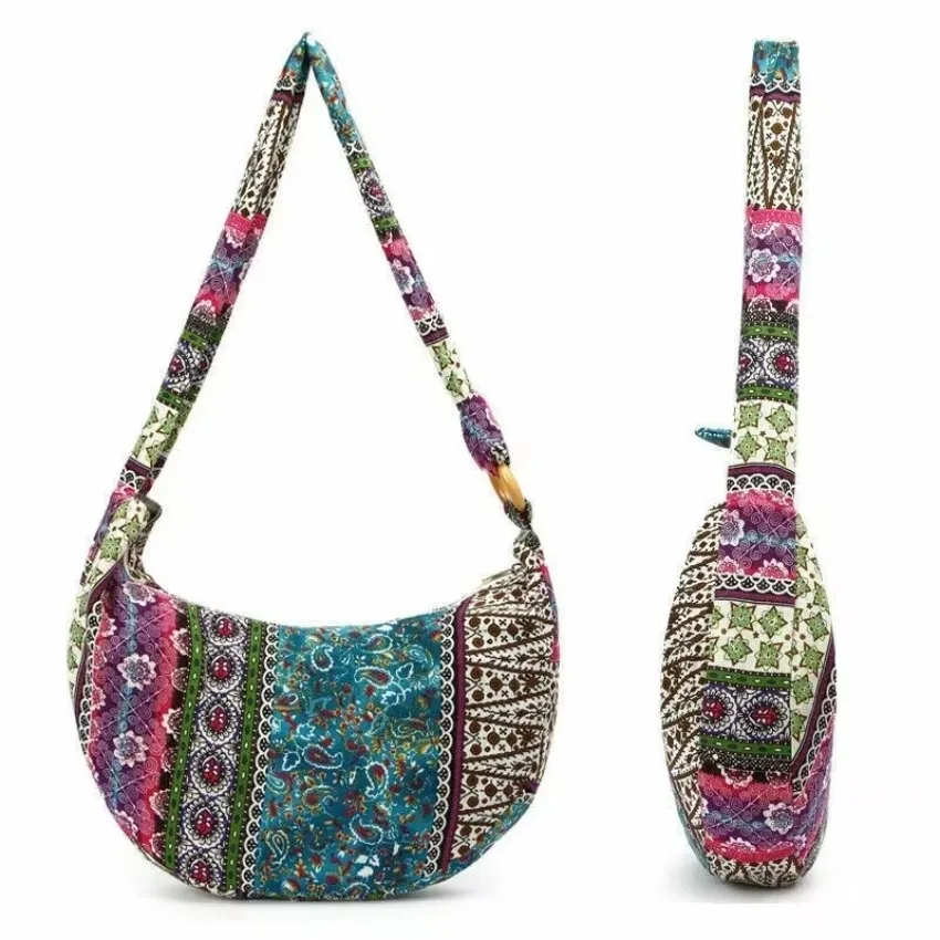 1 Pcs Women Shoulder Bag Crossbody Bags Bohemian Style Printed Linen Cotton Cloth Bag Adjustable Long Strap Fashion Lady Handbag