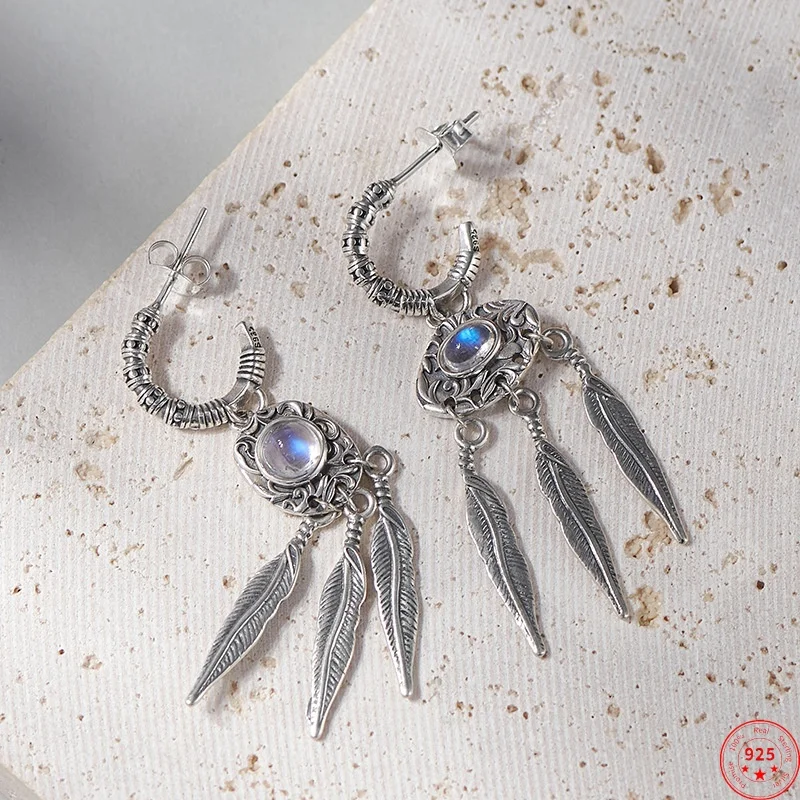 

S925 Sterling Silver Charms Drop Earrings for Women Nepal Style Asymmetric Eagle Feather Tassel Moonstone Ear Drop Free Shipping