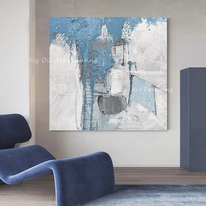 

100% Handmade simple square picture light blue and grey canvas poster handpainted oil painting for office living room gift