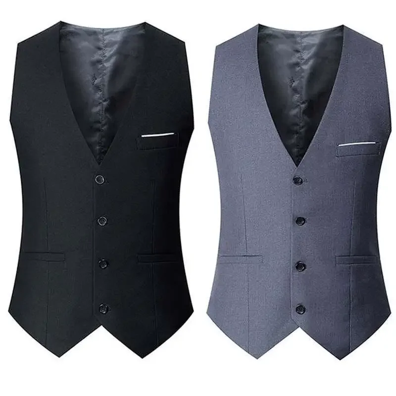 Slim Fit Suit Vests For Men Black Grey Navy Blue Business Casual Male Waistcoat Single Breasted Gilet Homme Formal Jacket 3