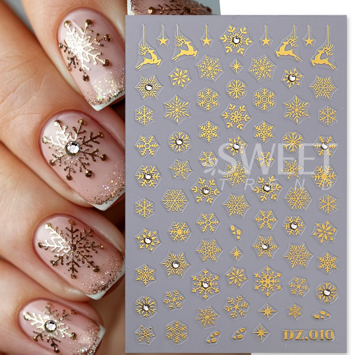 2pcs Bronzing Snowflakes Nail Sticker With Rhinestones Metallic Gold Elk Gems Snowflake Winter Xmas New Year Decor Jewelry Decal