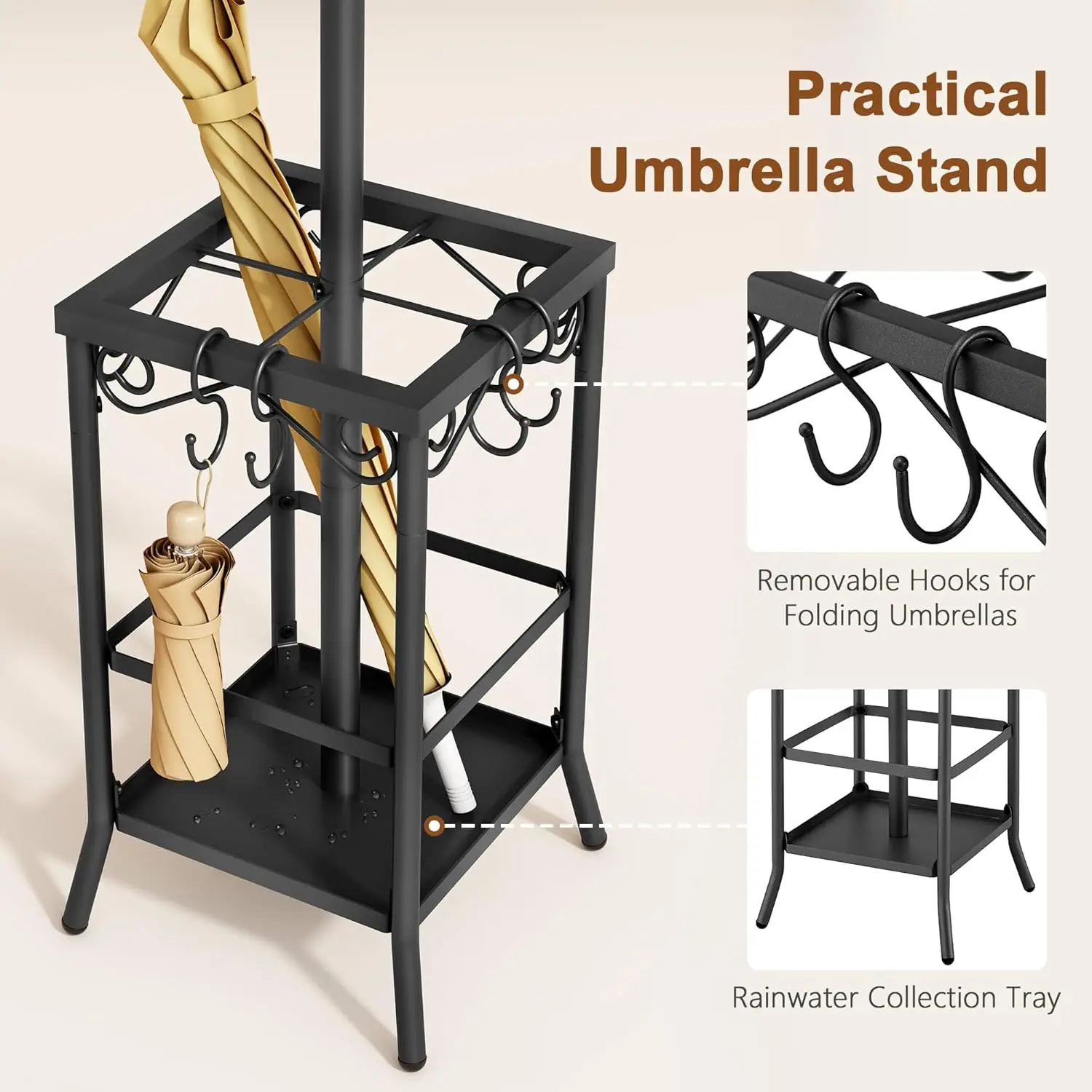 Coat Rack Freestanding, Entryway Hanger Stand, Umbrella Holder, Floor Standing Metal Tree Stand