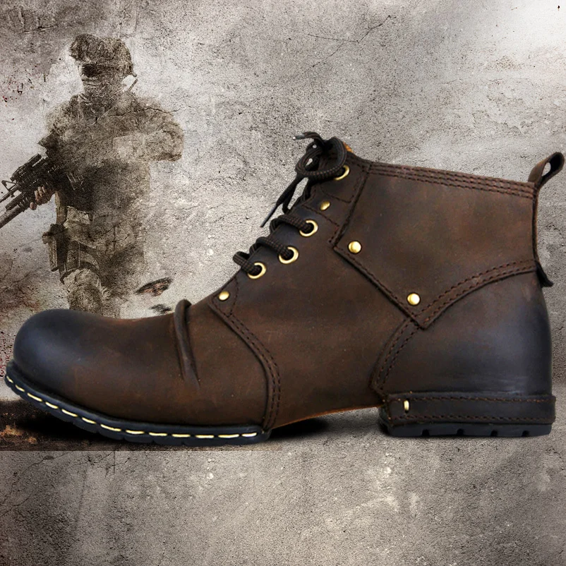 Genuine Cow Leather Motorcycle Boots for Men Biker Retro Punk Martin Shoes Motorbike Moto Boots Protective Gear