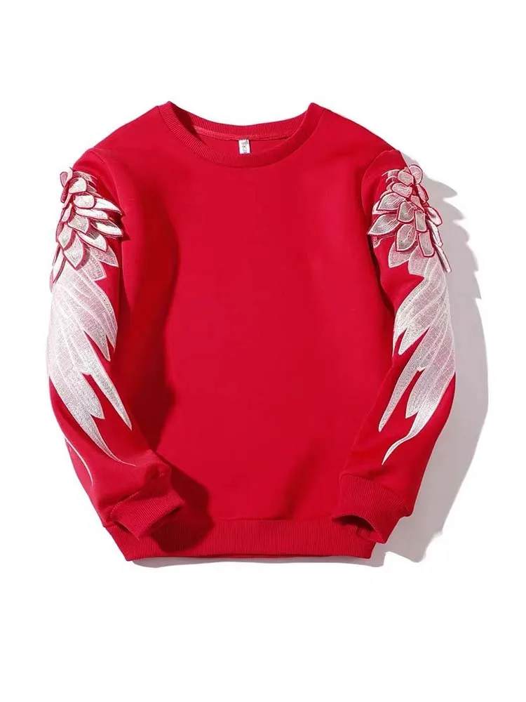 2023 New Fashion Brand Sweatshirt Men's Embroidered Arm Wings Trend Handsome Loose Round Neck Long Sleeve Top Pullover Men