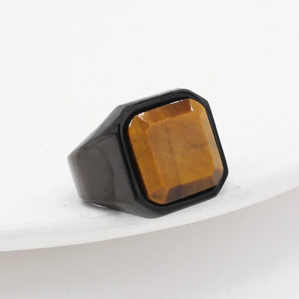 Classic Natural Tiger Eye Square Brown Stone Ring Stainless Steel