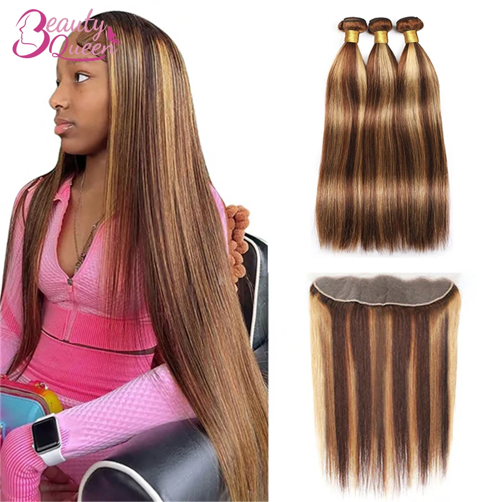 Brazilian 4/27 Highlight Bundles Straight Human Hair Bundles With Frontal 13x4 Ombre Blonde Human Hair Weave Bundle With Closure