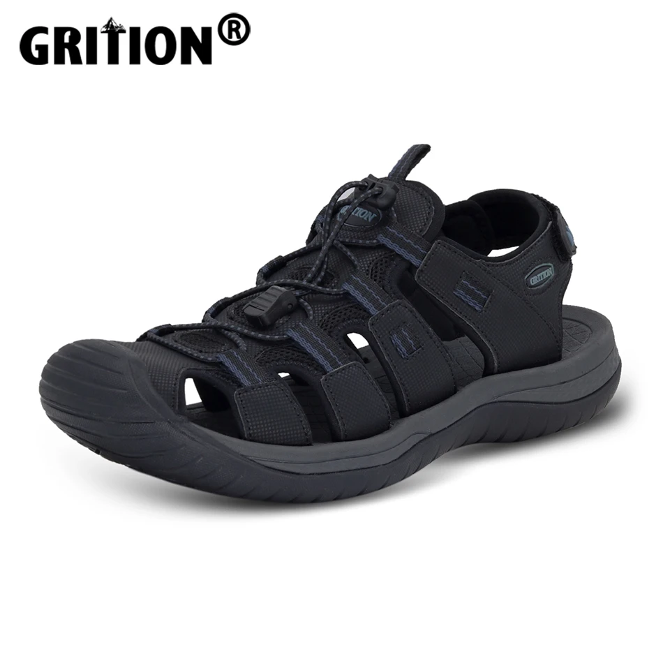 GRITION-Sandalias deportivas de verano para hombre, zapatos planos antideslizantes, cómodos, ajustables y transpirables, a la moda, color negro
